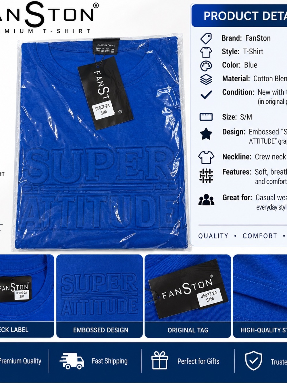 Men's Blue 'Super Attitude' Embossed Crew Neck T-Shirt